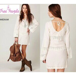 Free People Cotton White Long Sleeves V-Neck Crochet Tunic Mini Dress